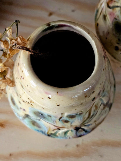 Handmade Ceramic Vase with Carved Spiders – Rustic Speckled Glaze – Nature-Inspired Dark Decor