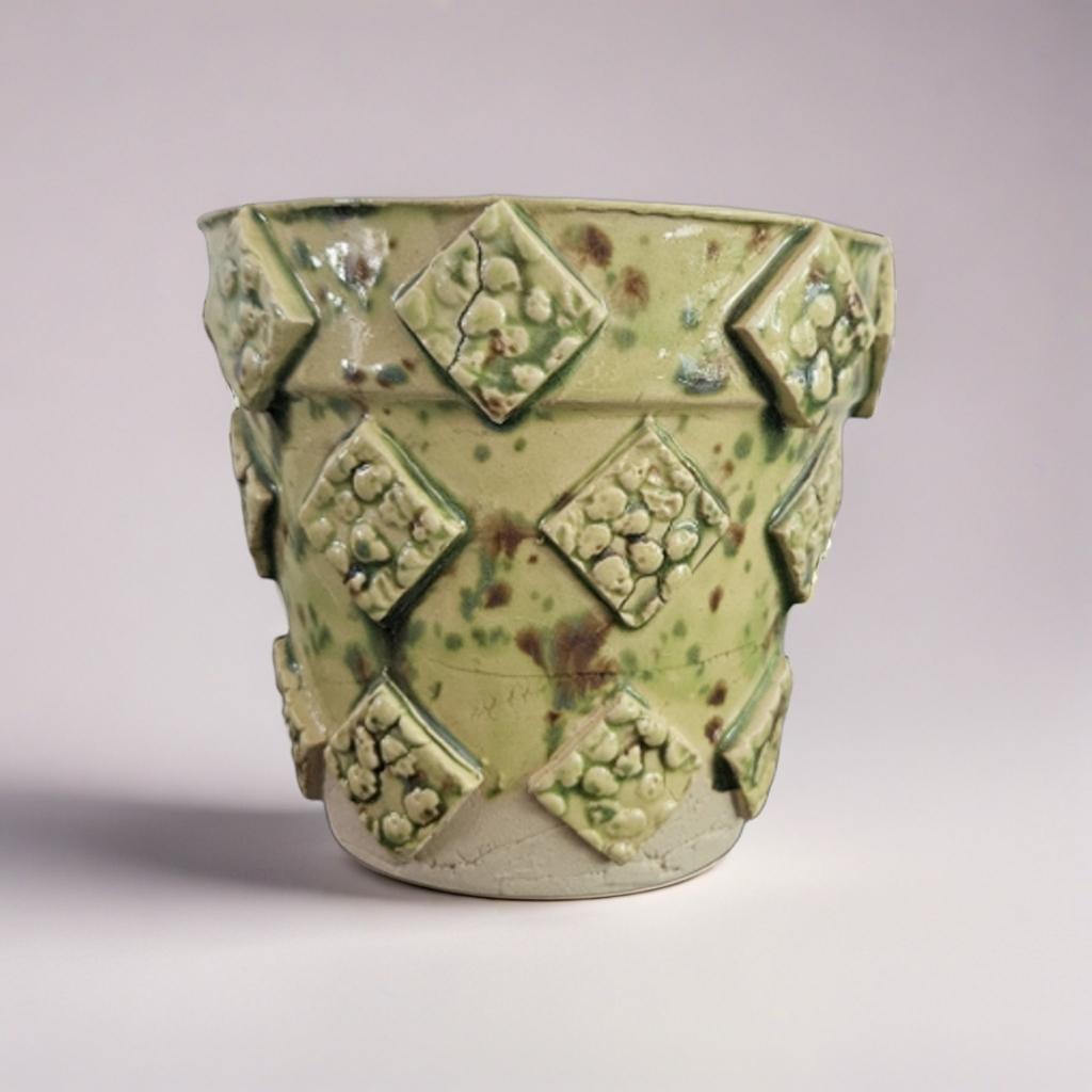 Green Skull Motif Ceramic Plant Pot – Handmade Gothic Decor