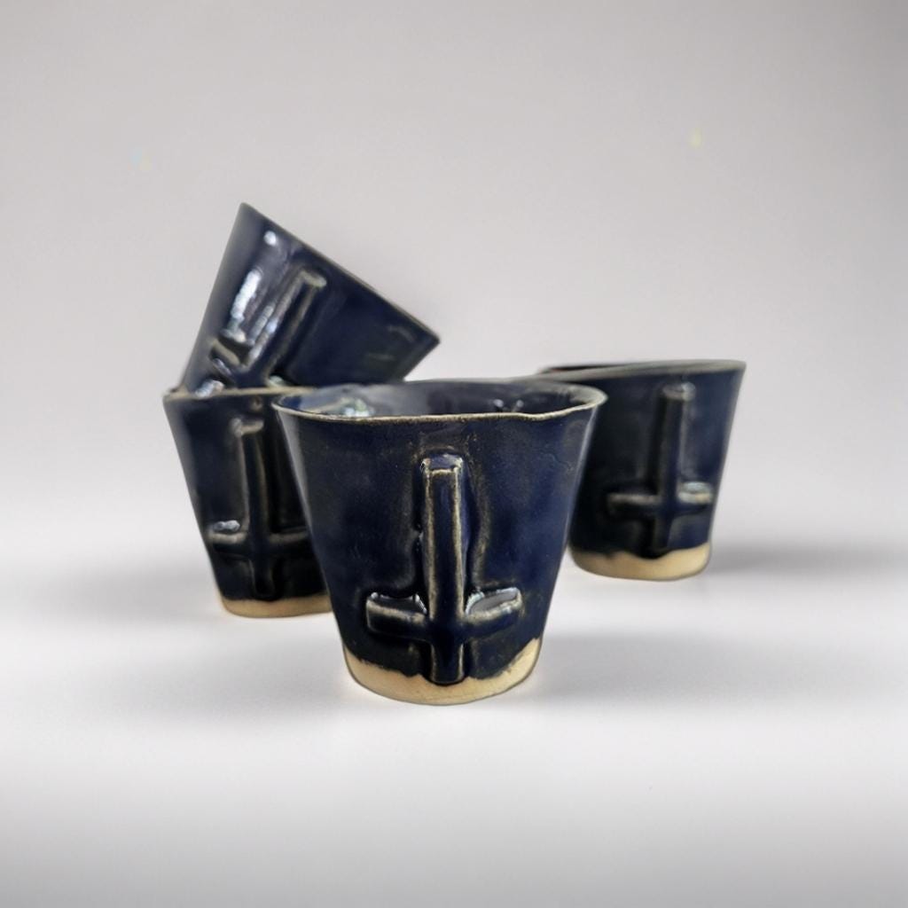 Dark Blue Ceramic Shot Glass – Upside Down Cross | Handmade Occult Espresso or Succulent Cup set of 2
