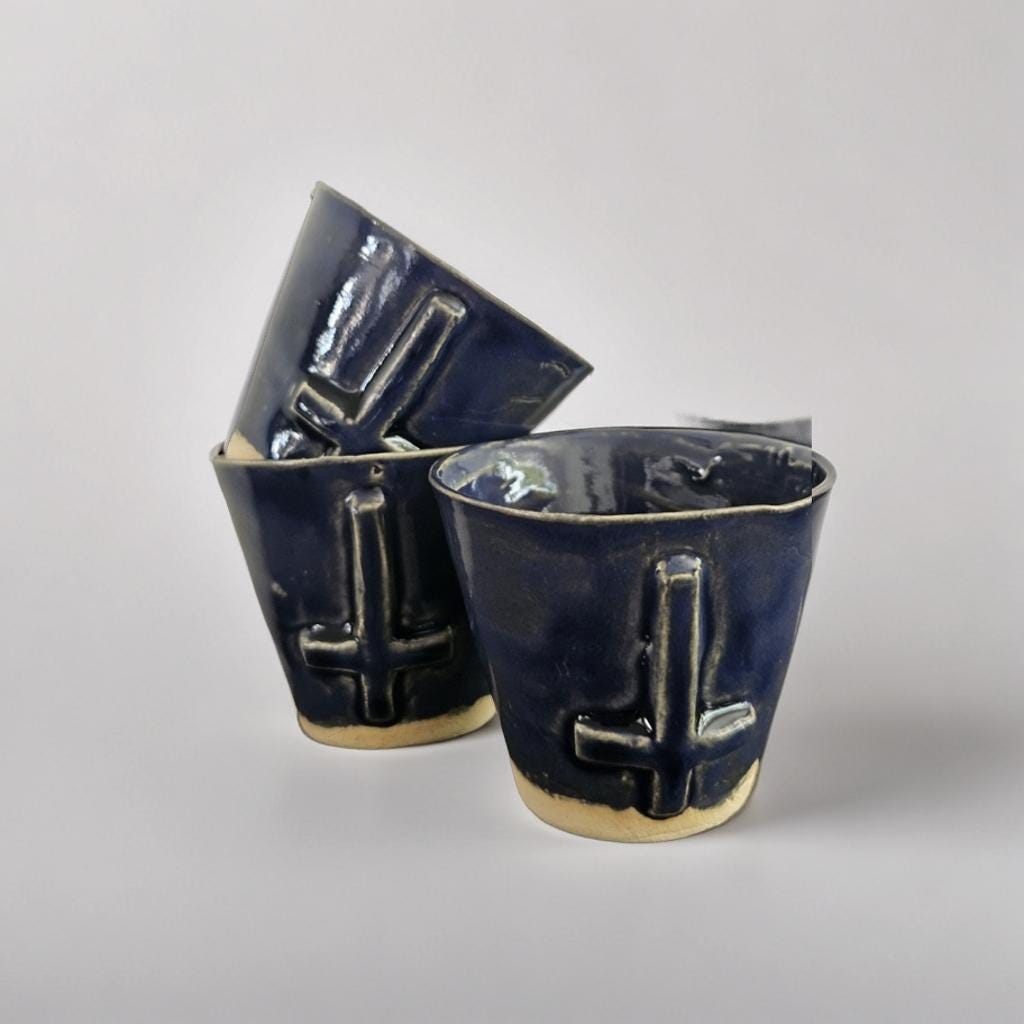 Dark Blue Ceramic Shot Glass – Upside Down Cross | Handmade Occult Espresso or Succulent Cup set of 2