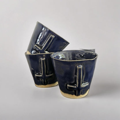 Dark Blue Ceramic Shot Glass – Upside Down Cross | Handmade Occult Espresso or Succulent Cup set of 2