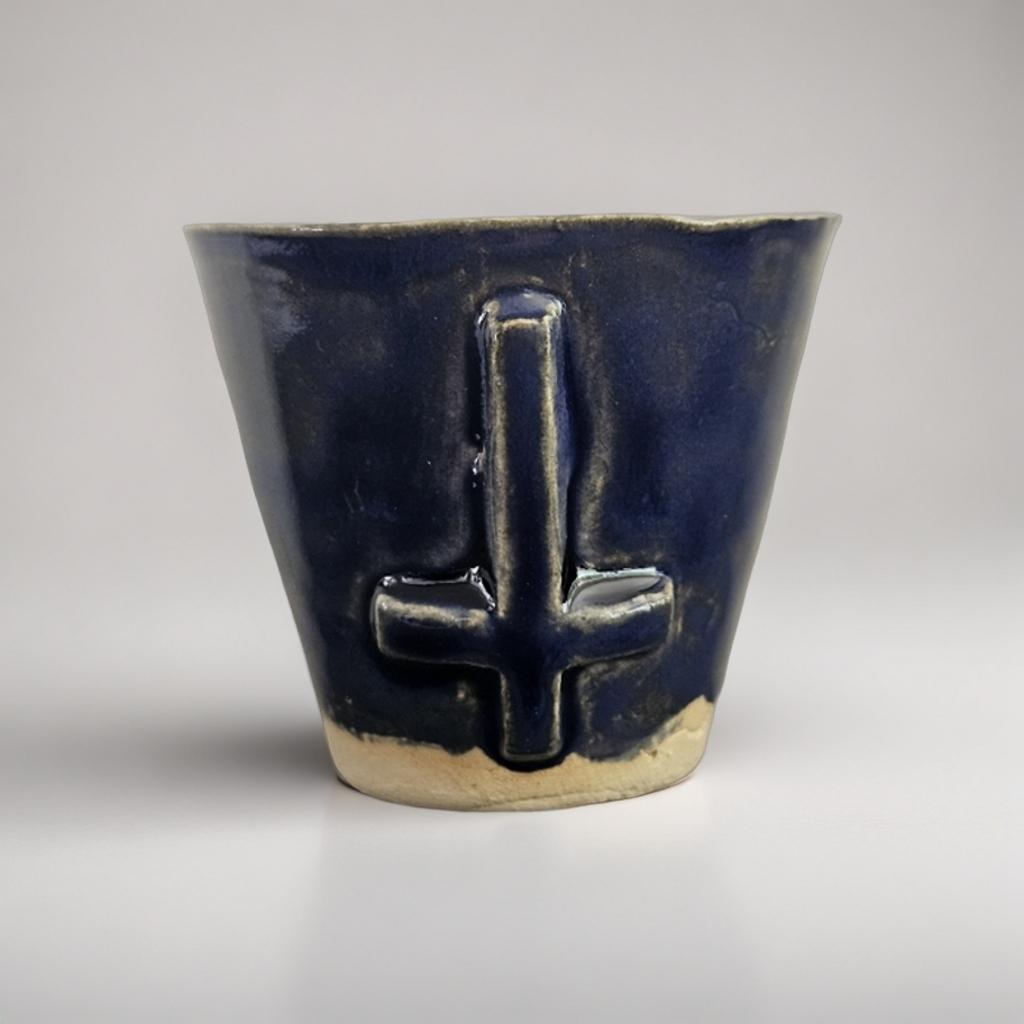 Dark Blue Ceramic Shot Glass – Upside Down Cross | Handmade Occult Espresso or Succulent Cup set of 2