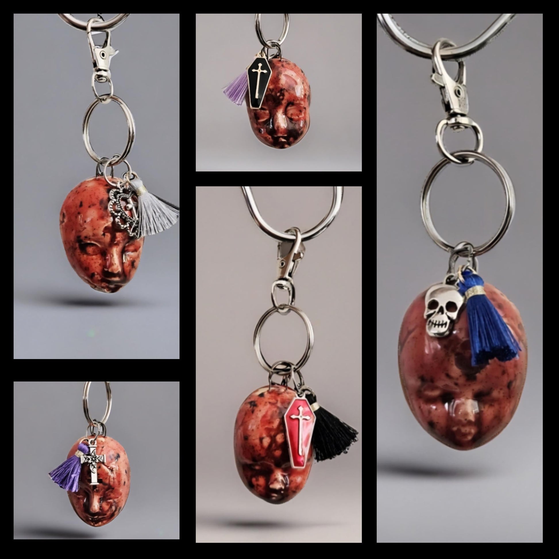 Gothic Baby Skull Keychains – Eerie Staring Ceramic Charms, 4×3 cm, various designs