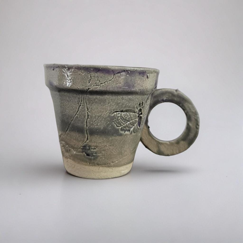 Handmade Ceramic Coffee Cup with Moth Relief – Wabi Sabi Purple