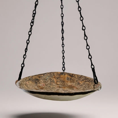 Handmade Ceramic Bird Bath • Brown-Gold with Rust Accents • Hanging with Single Hook • 19 cm