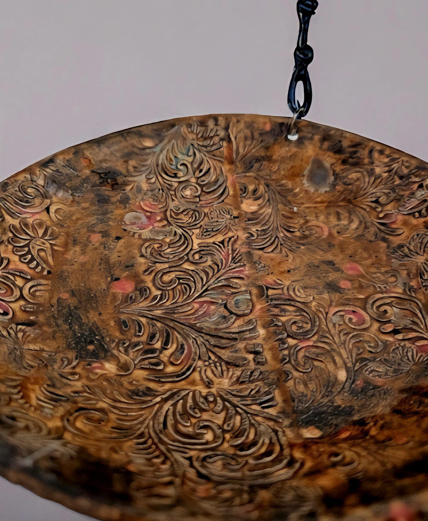 Handmade Ceramic Bird Bath • Brown-Gold with Rust Accents • Hanging with Single Hook • 19 cm