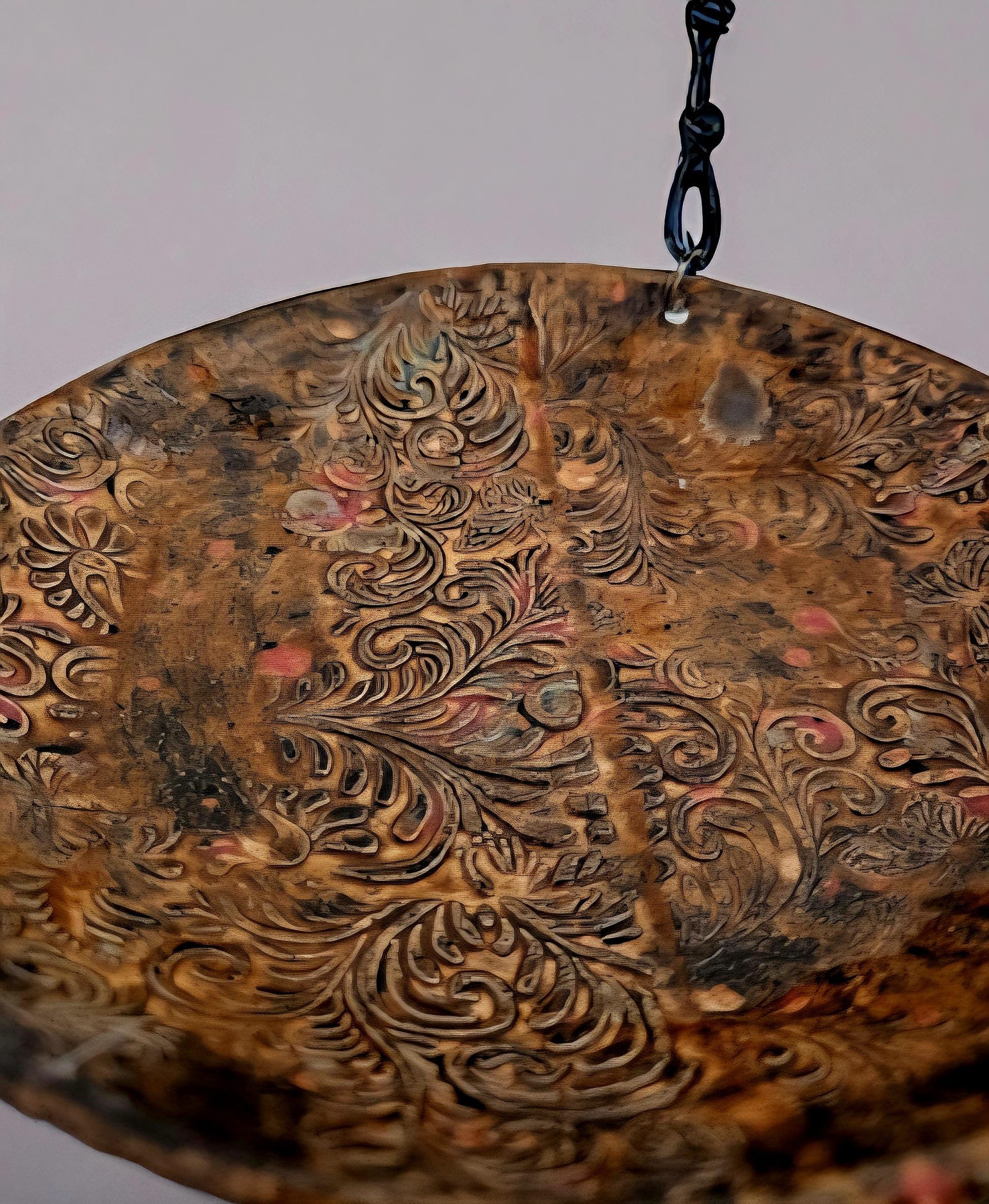 Handmade Ceramic Bird Bath • Brown-Gold with Rust Accents • Hanging with Single Hook • 19 cm