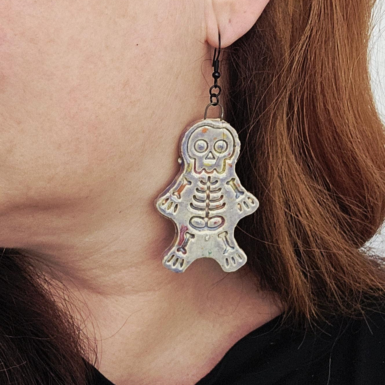 Spooky Scary Skeleton Earrings – Handmade Eerie Charms, 6×3 cm by Red Raven Pottery