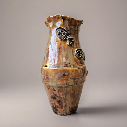 Earthfire Medium Ceramic Vase – Amber Glazed Fishbone Vessel, Ø11×20 cm by Red Raven Pottery