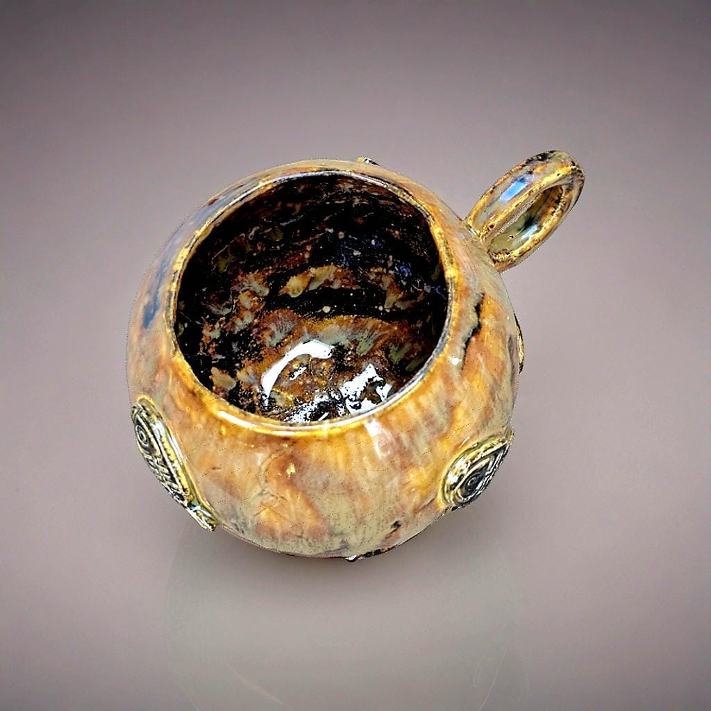 Earthfire Ceramic Teacup – Amber Glazed Fishbone Cup, Ø9.5×11 cm by Red Raven Pottery