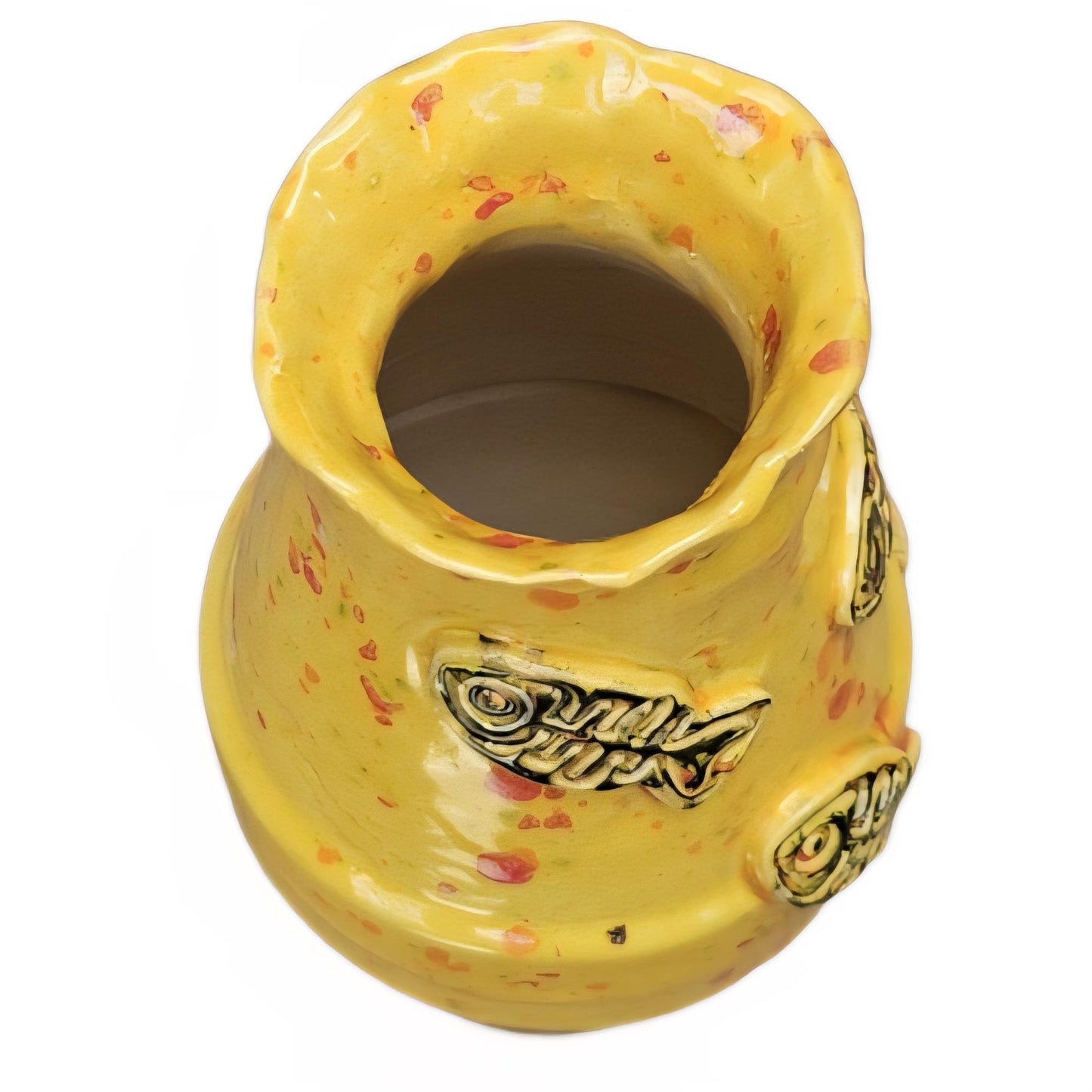 Sunburst Ceramic Vase – Ochre Glazed Fishbone Vessel, Ø9×17 cm by Red Raven Pottery