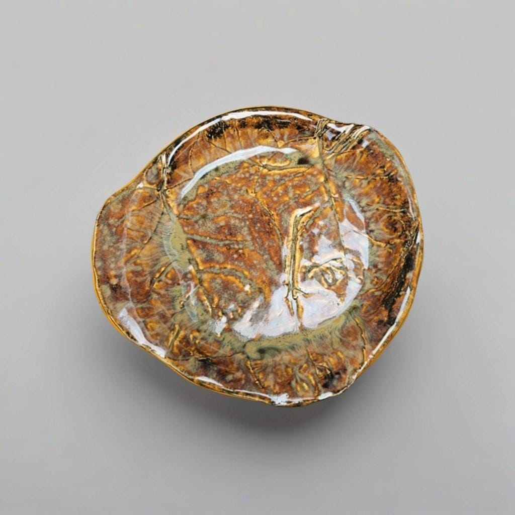 Rustic Leaf Ceramic Dish – Woodland Patterned Plate, Ø17×2 cm by Red Raven Pottery