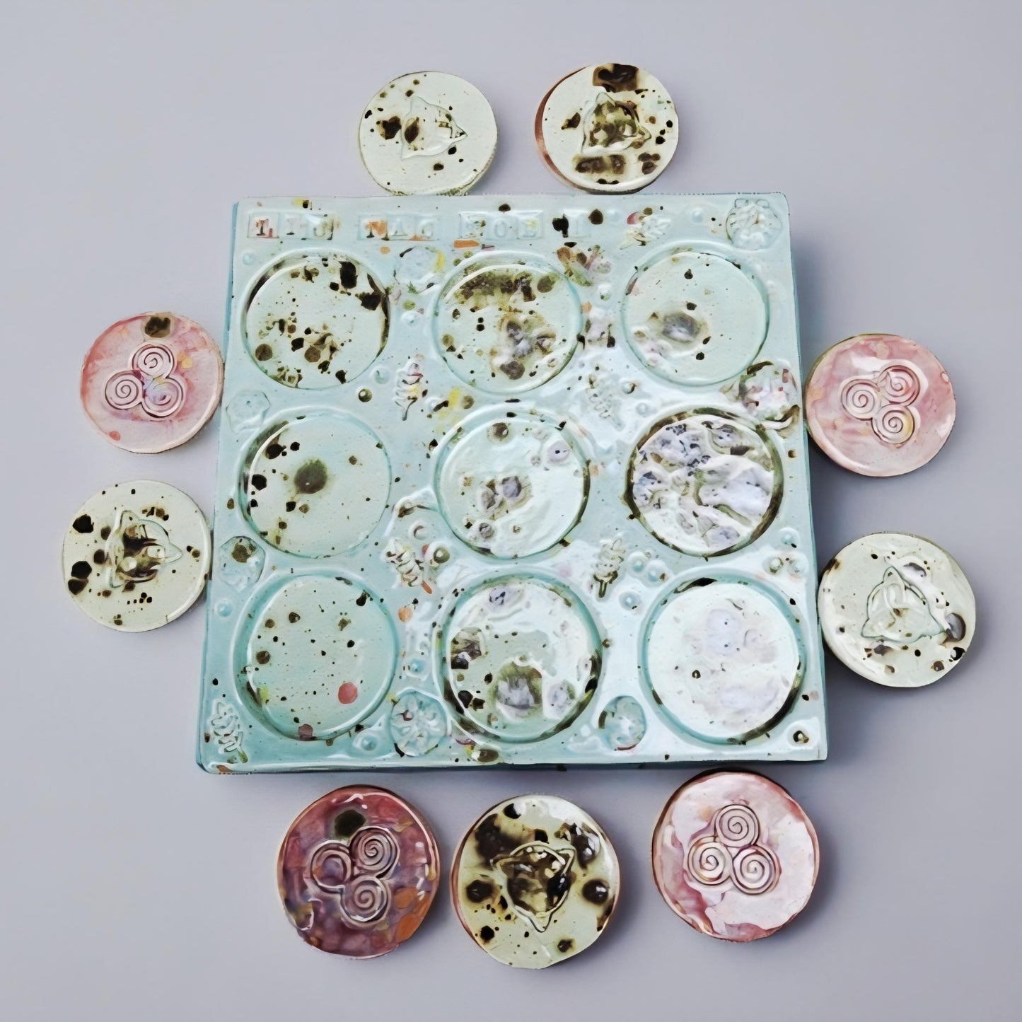 Twilight Circles Ceramic Tic Tac Toe Board – Handmade Ceramic Game Ritual, 18×18 cm by Red Raven Pottery