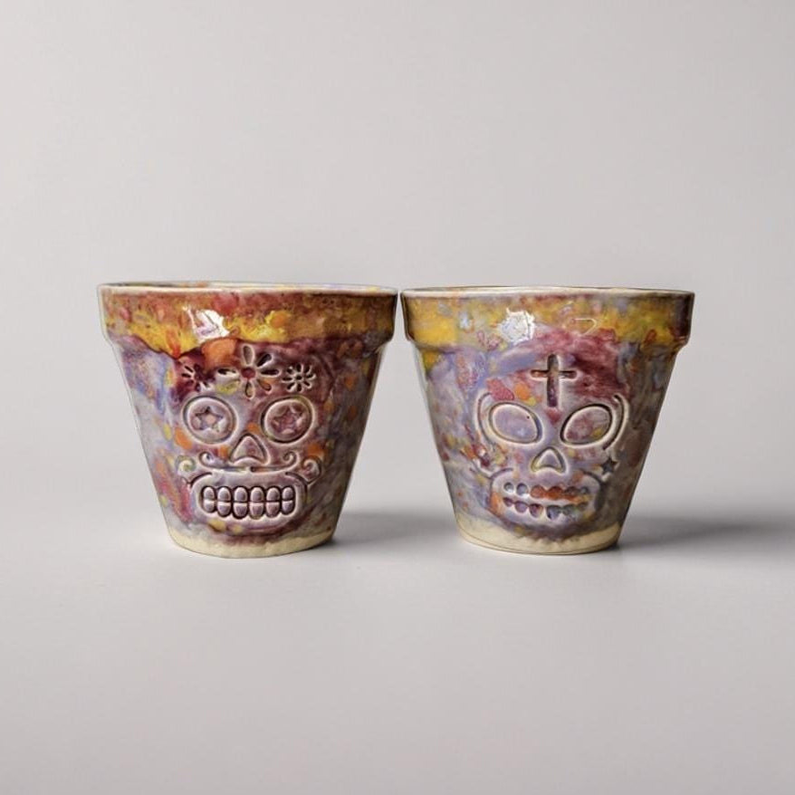 Sugar Skull Ceramic Mini Planters – Set of 2 Day of the Dead Succulent Pots, Ø7.5×7 cm by Red Raven Pottery