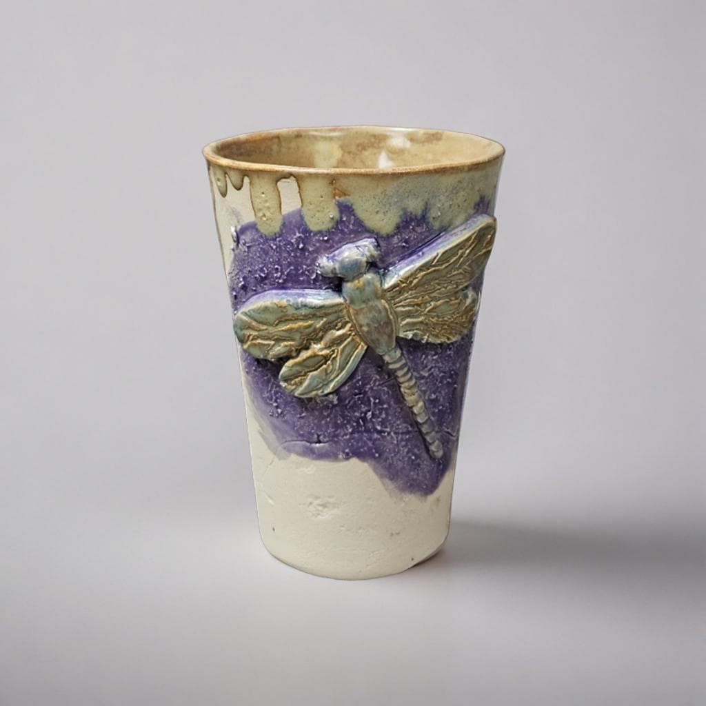 Lavender Dragonfly Ceramic Tumbler – Sculpted Symbol of Renewal, Ø8.5×12.5 cm by Red Raven Pottery