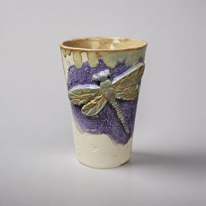 Lavender Dragonfly Ceramic Tumbler – Sculpted Symbol of Renewal, Ø8.5×12.5 cm by Red Raven Pottery