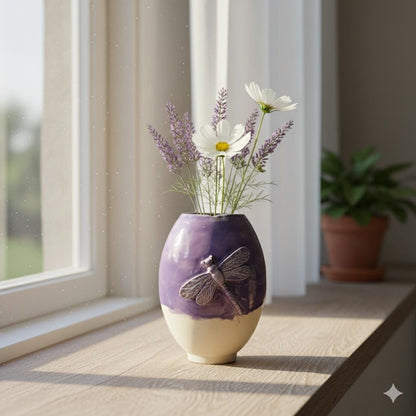 Enchanting Dragonfly Ceramic Vase - Handcrafted Lilac Art Pottery