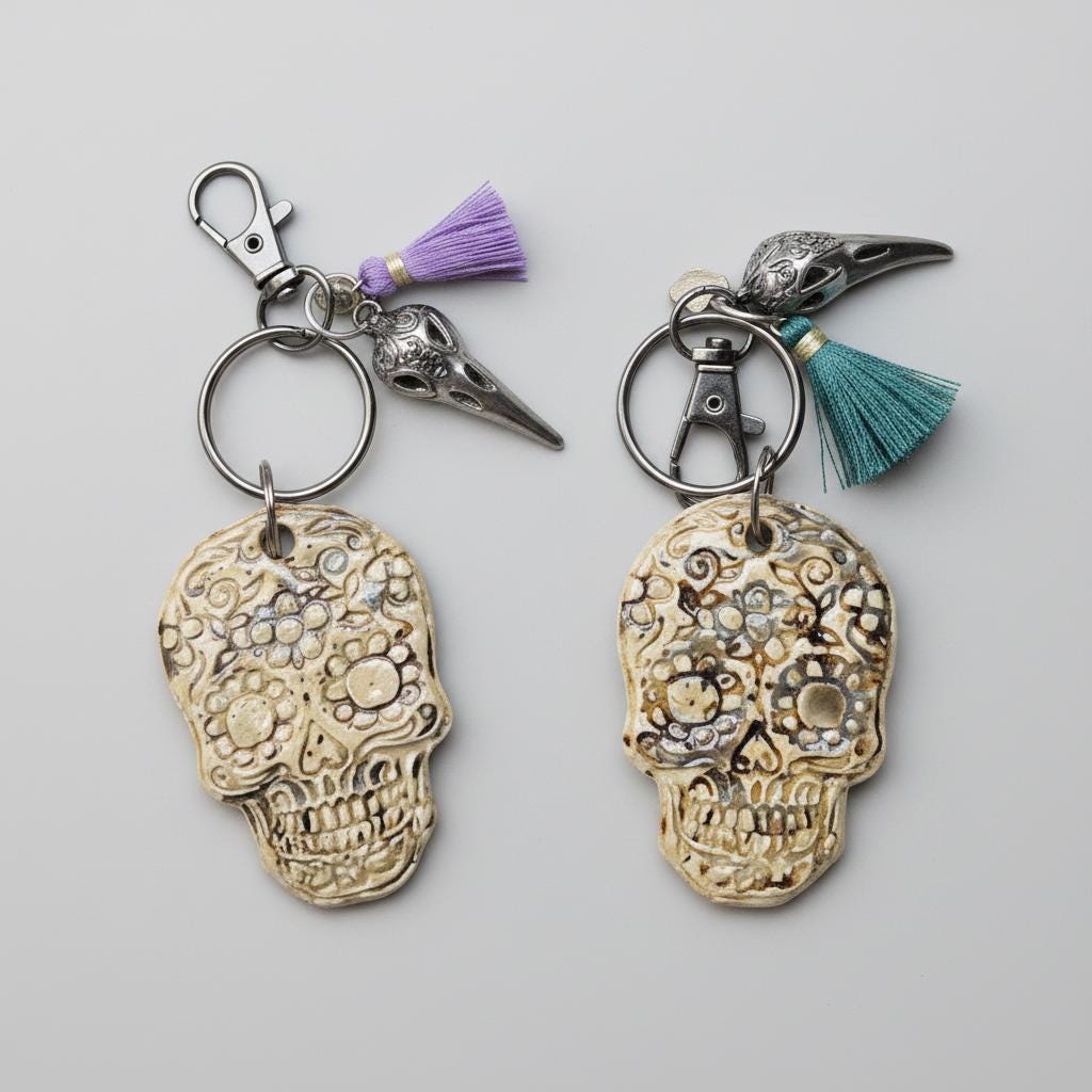 Sugar Skull Keychain – Ceramic Guardian For Everyday Journeys, 4.5×5.5 cm by Red Raven Pottery