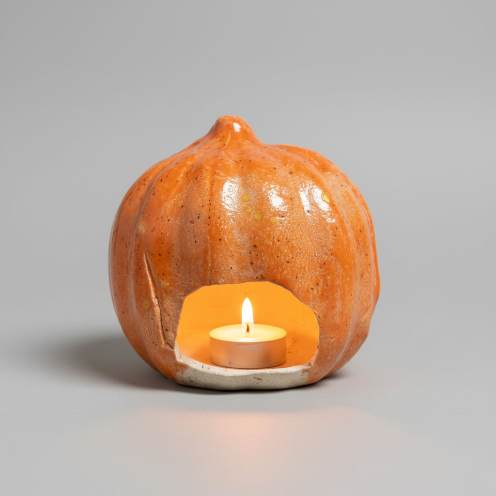 Jack O’Lantern Handmade Ceramic Tealight Holder – Halloween Pumpkin Light, 12 × 13 × 14 cm by Red Raven Pottery