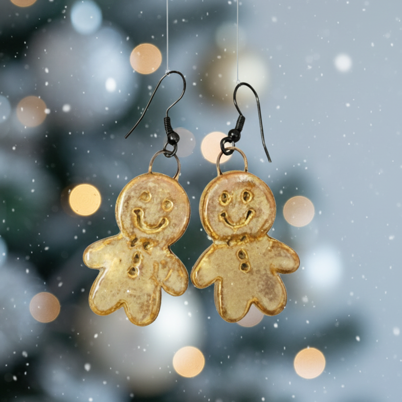 Jolly Gingerbread Man or Woman Earrings – Handmade Seasonal Charms, 3×2 cm by Red Raven Pottery