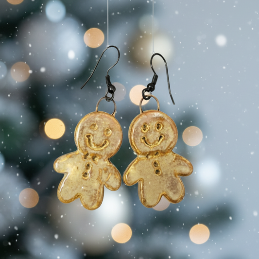 Jolly Gingerbread Man or Woman Earrings – Handmade Seasonal Charms, 3×2 cm by Red Raven Pottery