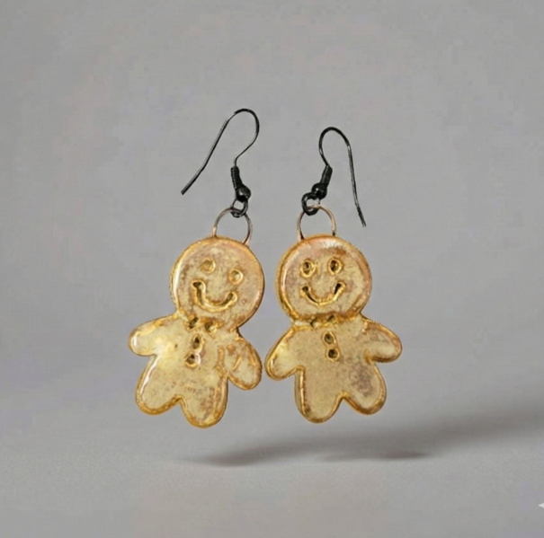 Jolly Gingerbread Man or Woman Earrings – Handmade Seasonal Charms, 3×2 cm by Red Raven Pottery