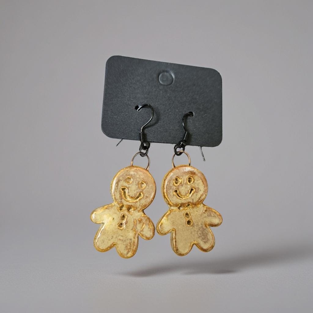 Jolly Gingerbread Man or Woman Earrings – Handmade Seasonal Charms, 3×2 cm by Red Raven Pottery