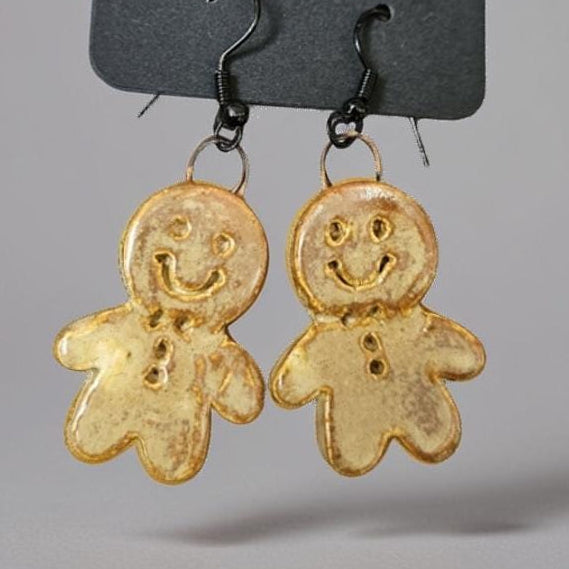 Jolly Gingerbread Man or Woman Earrings – Handmade Seasonal Charms, 3×2 cm by Red Raven Pottery