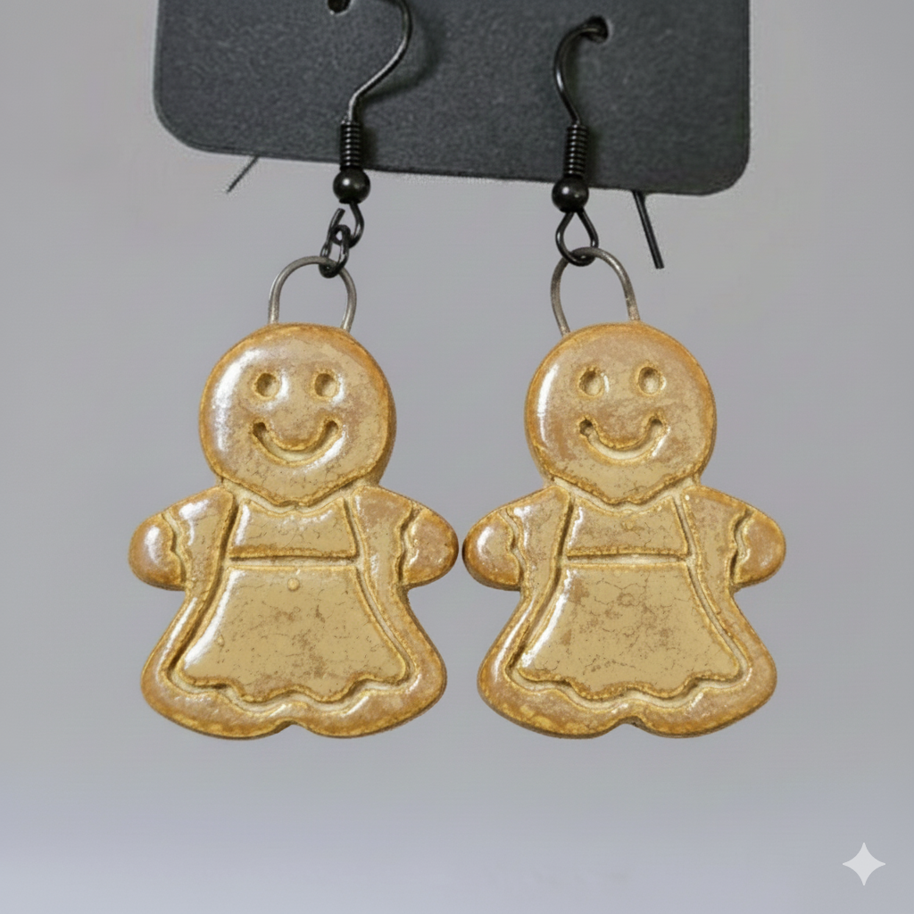 Jolly Gingerbread Man or Woman Earrings – Handmade Seasonal Charms, 3×2 cm by Red Raven Pottery