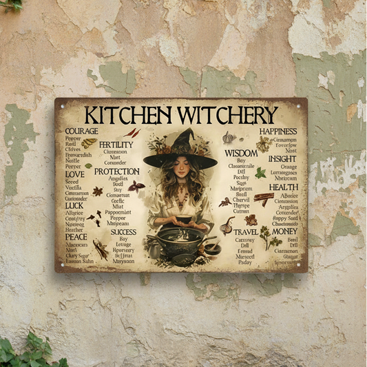 Kitchen Witchery Metal Sign – Herbal Magic Wall Art, 15×20 cm