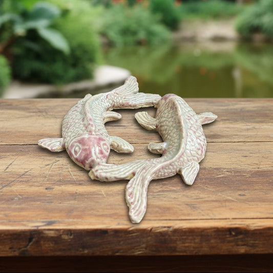 Koi Duo Ceramic Figurine – Symbol of Harmony, 10 × 10 × 1.5 cm by Red Raven Pottery