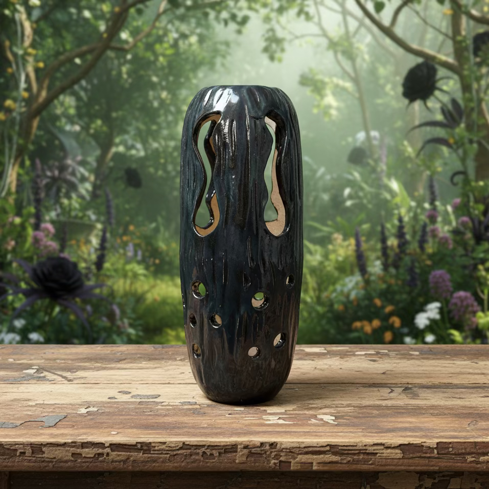 Lava Core Ceramic Vase – Open Earth Vessel, Ø7.5×21 cm by Red Raven Pottery