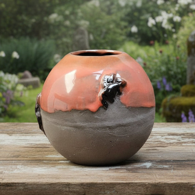 Lava & Whiskers Ceramic Sphere Vase – Winged Mice In Volcanic Clay, Ø10×10 cm by Red Raven Pottery