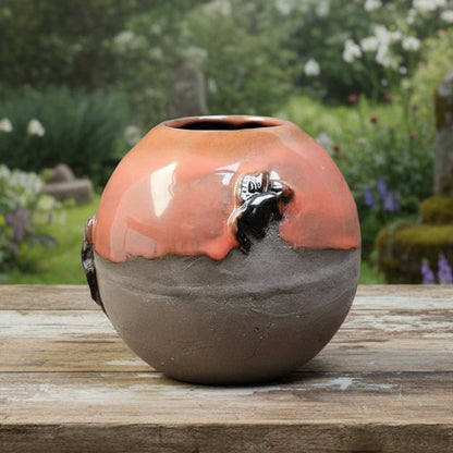 Lava & Whiskers Ceramic Sphere Vase – Winged Mice In Volcanic Clay, Ø10×10 cm by Red Raven Pottery