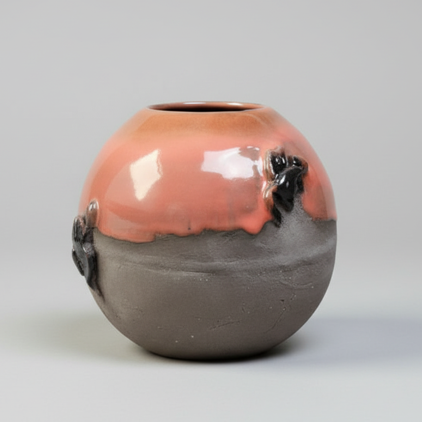 Lava & Whiskers Ceramic Sphere Vase – Winged Mice In Volcanic Clay, Ø10×10 cm by Red Raven Pottery