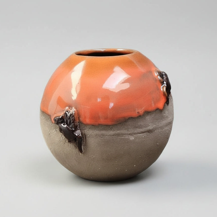 Lava & Whiskers Ceramic Sphere Vase – Winged Mice In Volcanic Clay, Ø10×10 cm by Red Raven Pottery
