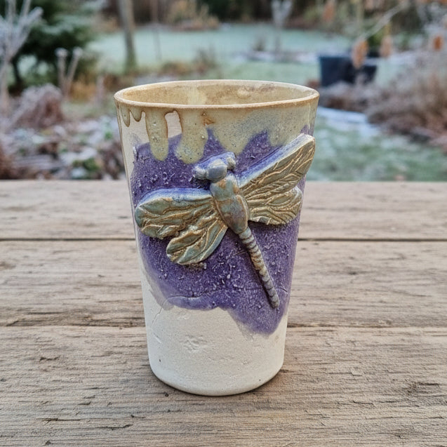 Lavender Dragonfly Ceramic Tumbler – Sculpted Symbol of Renewal, Ø8.5×12.5 cm by Red Raven Pottery