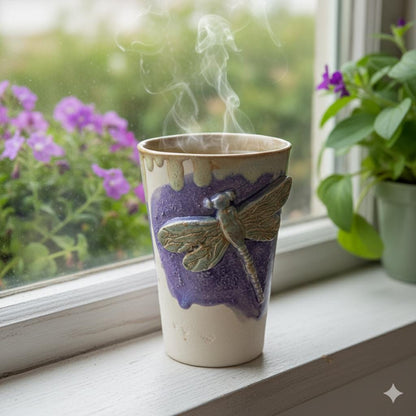 Lavender Dragonfly Ceramic Tumbler – Sculpted Symbol of Renewal, Ø8.5×12.5 cm by Red Raven Pottery