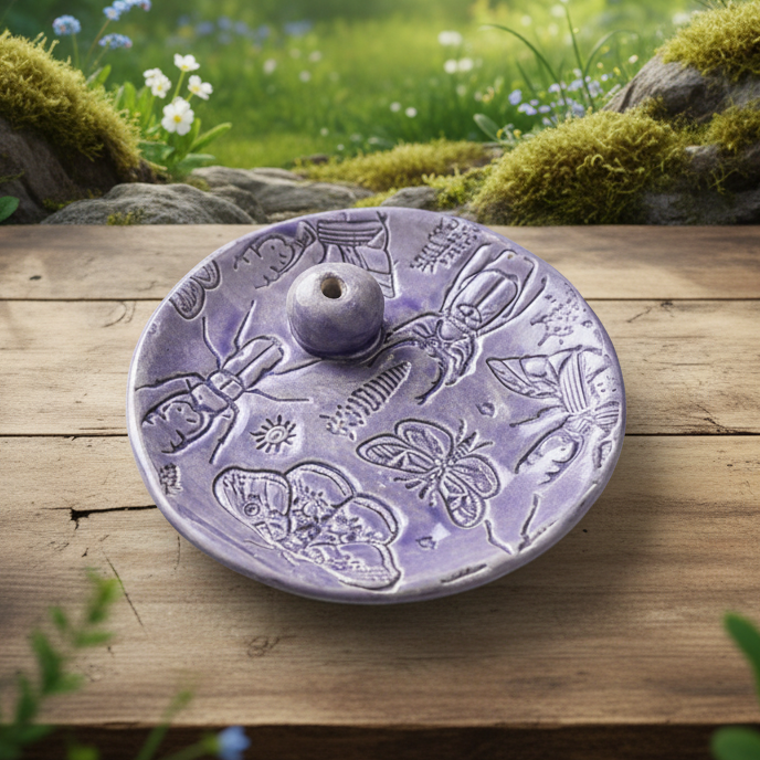 Lavender Entomology Ceramic Incense Holder – Botanical Imprint Ritual Dish, Ø9.5×1 cm by Red Raven Pottery