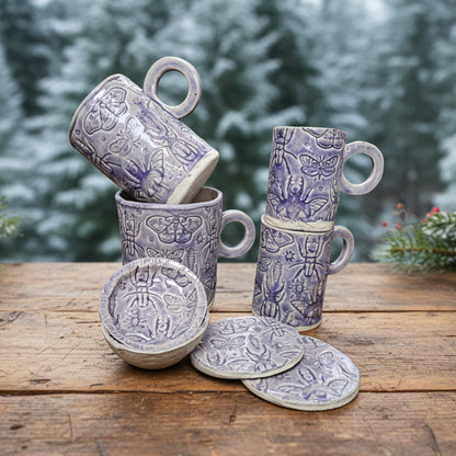 Lavender Entomology Ceramic Set – Life Beneath The Purple Haze, various designs by Red Raven Pottery