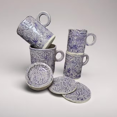 Lavender Entomology Ceramic Set – Life Beneath The Purple Haze, various designs by Red Raven Pottery
