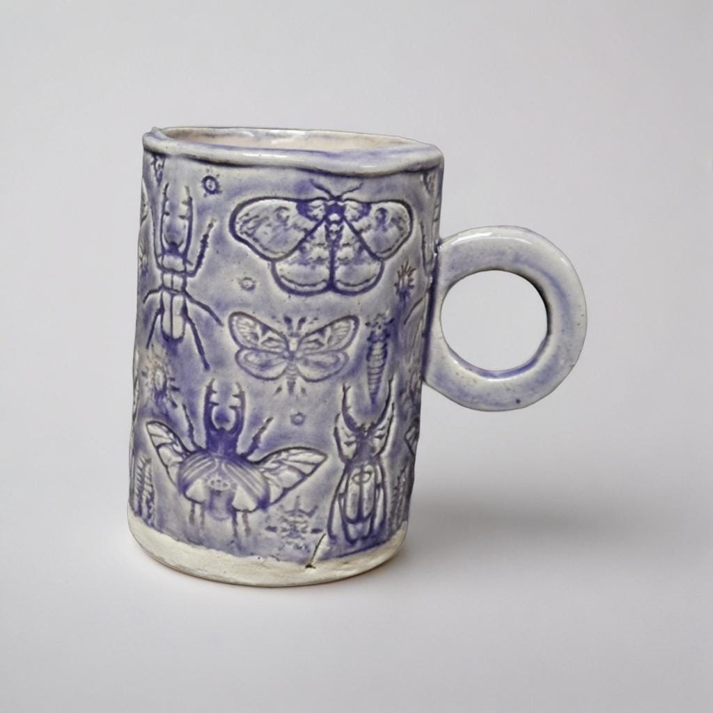 Lavender Entomology Ceramic Mug – Insect Imprint Ritual Vessels, various designs by Red Raven Pottery