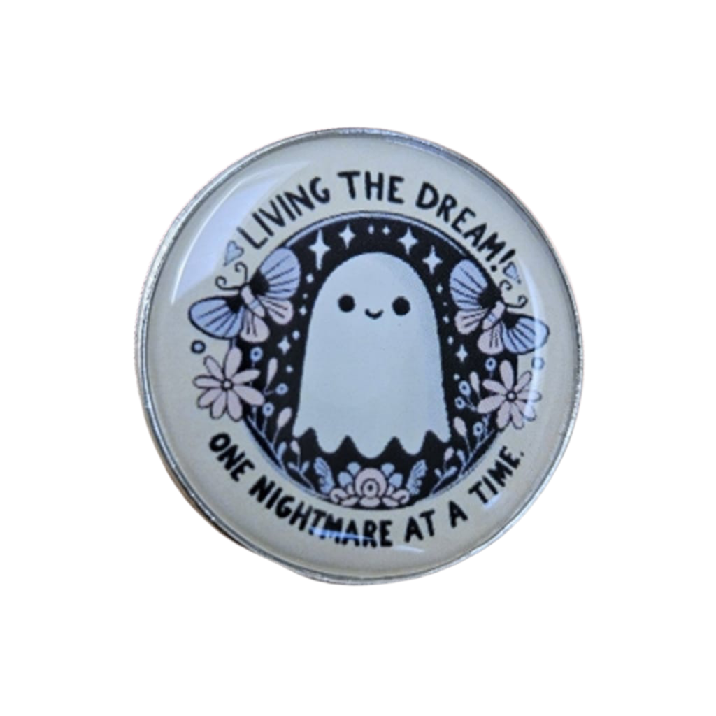 Living the Dream Lapel Pin – Nightmare Ghost Metal Badge, 3.6 × 3.6 cm