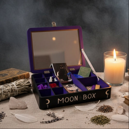 Lunar Tides Wooden Spell Box – Hand-Painted Moon Ritual Kit, 30 × 23 × 5 cm by Hook & Hex