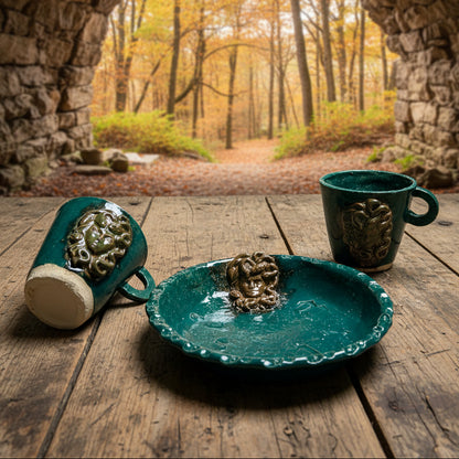 Medusa’s Gaze Handmade Ceramic Breakfast Set – Mythology Mug & Plate, various designs by Red Raven Pottery