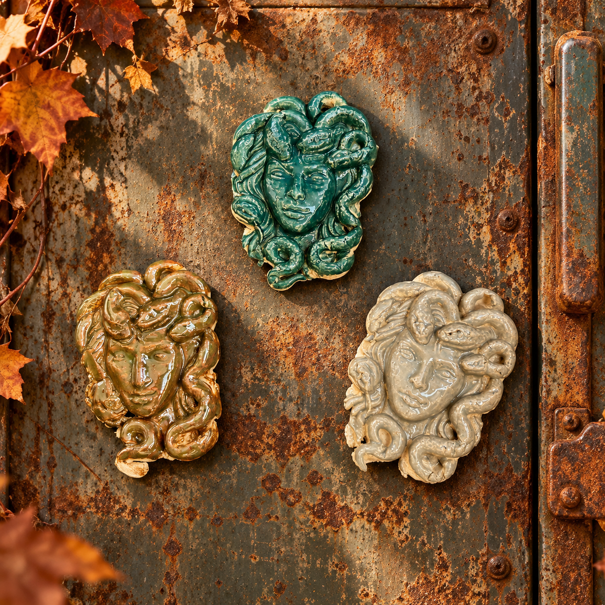 Medusa’s Gaze Handmade Ceramic Fridge Magnet – Mythological Ornament, 7 × 4.5 × 0.5 cm by Red Raven Pottery