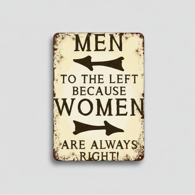 Men Left, Woman RIght Wooden Sign – Cheeky Couple Humor Wall Art, 13×20 cm