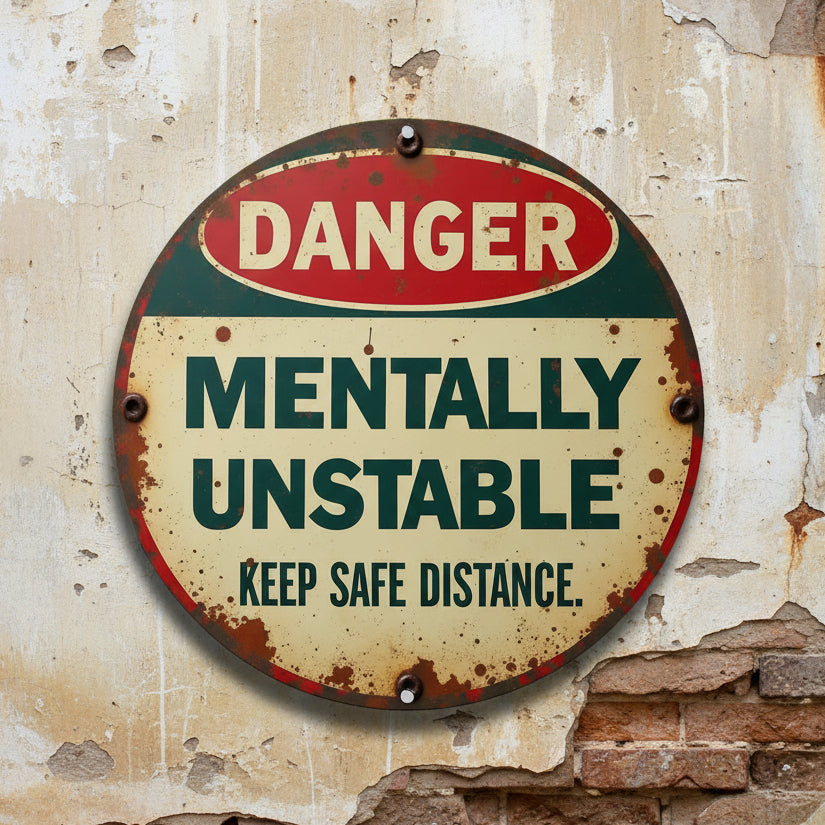 Mentally Unstable Metal Sign – Vintage Dark Humor Wall Art, Ø20 cm