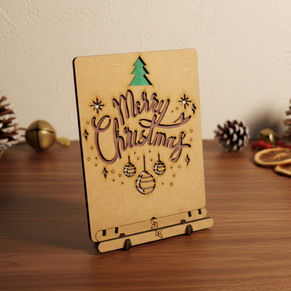 Merry Christmas Wooden Greeting Card – Classic Joy Pop-up Art, 10.5 × 14.5 cm by Komoni