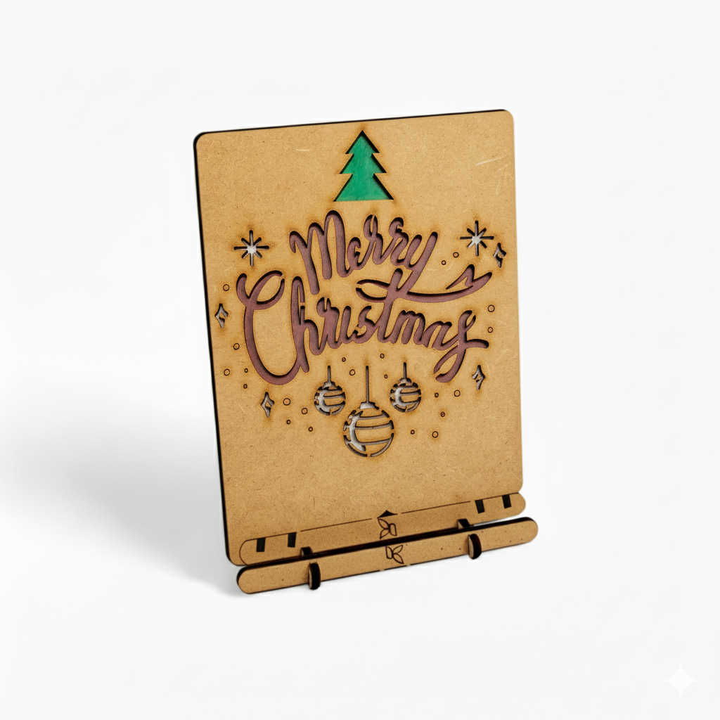 Merry Christmas Wooden Greeting Card – Classic Joy Pop-up Art, 10.5 × 14.5 cm by Komoni